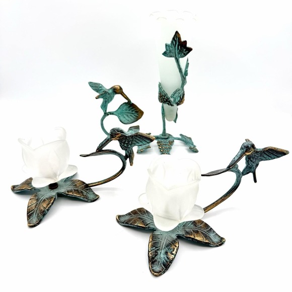 Other - Vintage 90's Brass Hummingbird Verdigris Flower Candle Holder Vase Green Ivy